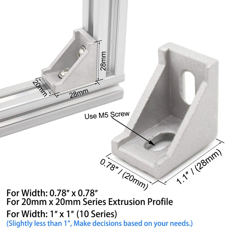 BLCCLOY 20 Sets 2020 Aluminum Extrusion T Slot Corner Bracket 20 Series Extruded Hardware 90 Degree Right Angle Connector with M5 Bolts Nuts for 20/20 80 20 2040 T V Slot Silver Aluminum Profile - Image 2